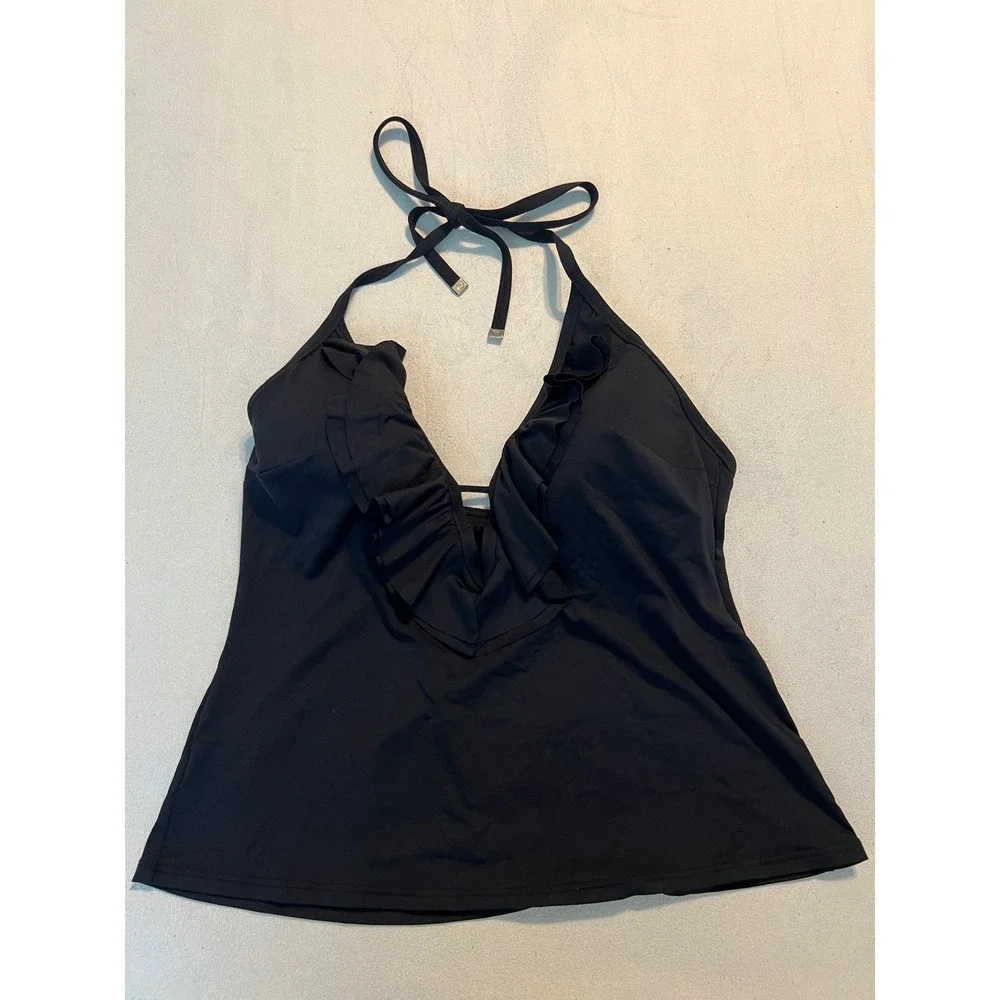 Michael Kors Womens Black Ruffle V-Neck Halter Tankini Swim Top Small MK Logo - Picture 10 of 11